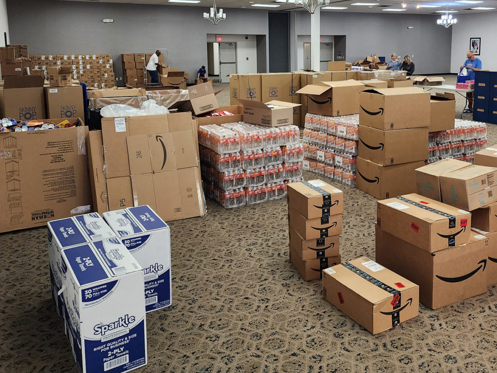 Room full of donation supplies